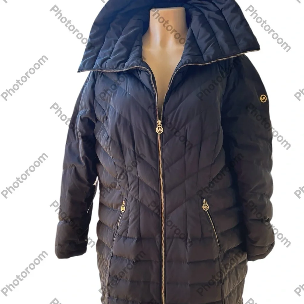 Michael Kors Black Feather Down Puffer Trench Large Collar